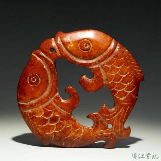 Collectable Chinese Old Jade Hand - Carved Double Fish Moral Bring Luck Pendant
