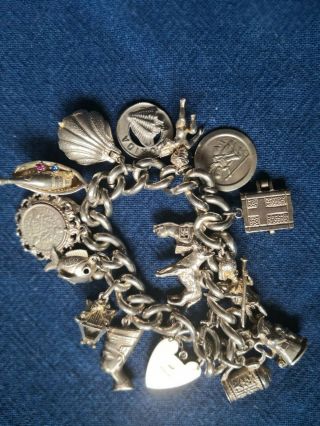 Heavy Vintage Solid Sterling Silver Charm Bracelet With 17 Charms 104 Grams