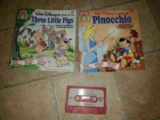 Walt Disney Pinocchio / Three Little Pigs Cassette Tape And Story Books (e7)