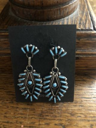 Vintage Zuni Sterling Silver Turquoise Needlepoint Post Dangle Earrings - Signed