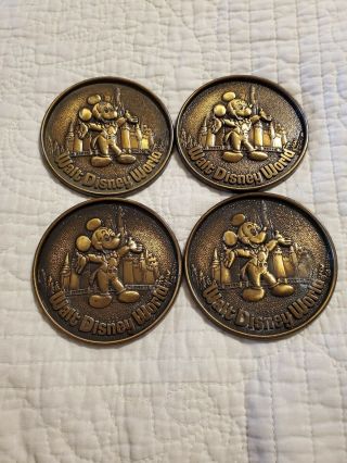 4 Walt Disney World Mickey Mouse Brass Drink Coasters Made In Canada Souvenir