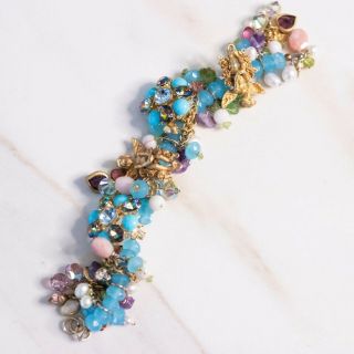 Vintage Kirks Folly Loaded Charm Bracelet With Cherubs,  Crystals,  Blue Turquoise