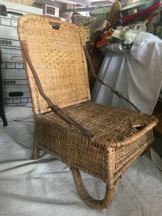 A Classic.  Vintage Wicker/rattan Folding Chair W/drawer.  Fishing,  Camping.