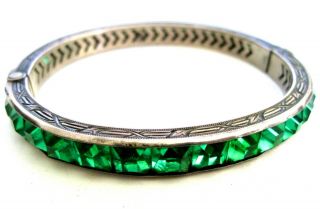 Wide Vintage Art Deco Emerald Green Crystal Channel Set Sterling Bangle Bracelet