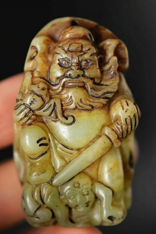 Unique Chinese Old Jade Carved Zhong Kui&small Ghost Pendant/statue C76