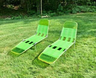 Lime Green Vtg Folding Lawn Chaise Lounge Chair Deck Pool Vinyl Tube Plastic