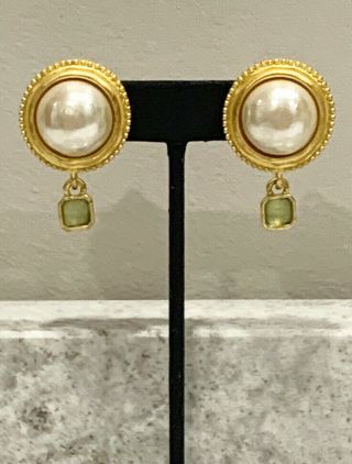 Vtg.  Karl Lagerfeld Faux Pearl With Small Dangling Green Square Clip Earrings