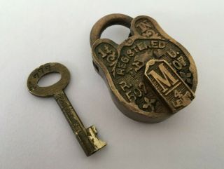 Lock Old Vintage Brass Padlock With Key Rich Patina Collectible Bird Marking