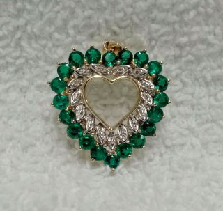 Vintage Adl 10k Yellow Gold Heart Pendant With Diamonds And Round Green Stones