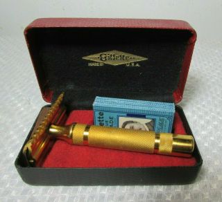 Vintage Gillette Safety Razor Gold Tone Reissue Pat No 17567 In Case With Blades