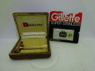 Vintage Gillette Gold Tone Fat Handle Safety Razor Code Date B 2 Box Us