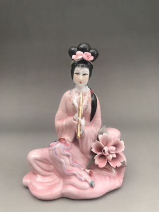 Chinese Hand Make Enamel Color Porcelain Play The Flute Beauty Girl Statue N003