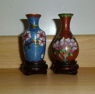 Vgc 2 Vintage Minature Cloisonne Vases With Stands - Approx: 6cms Tall
