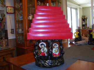 Vintage Oriental Asian Mid Century Lamp With Red Aluminum Shade