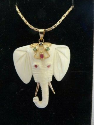 Vintage 14k Gold,  Ruby,  Emerald & Sapphire Carved Elephant Pendant