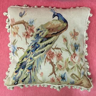 Vintage Aubusson Style Peacock Tapestry,  Velvet Back,  Feather Pillow