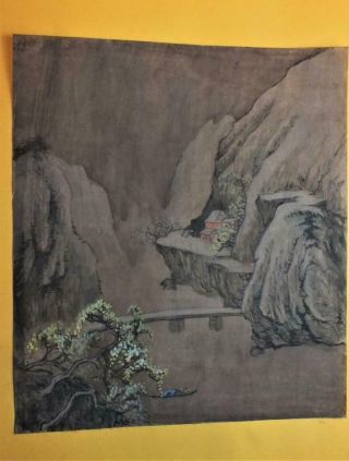 Antique Chinese Watercolour Painting,  Huts,  Boating,  Mountains Tree Scene (17)