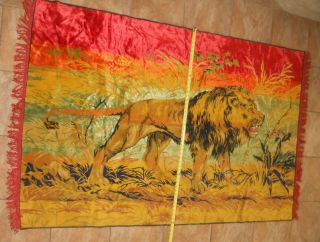 Vintage Woven Rug Wall Hanging Tapestry Lion Savannah Red Yellow 72 " X 48 " Y44