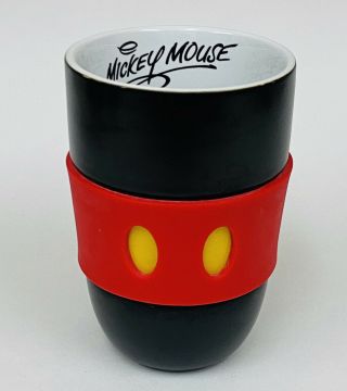 Disney Parks Mickey Mouse Black Red Silicone Sleeve Yellow Button Coffee Tumbler
