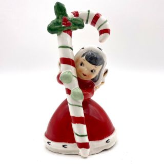Vintage Napco 1956 Christmas Candy Cane Girl Angel Bell Figurine 3bx2992 Hood
