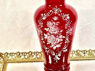 Fabulous Vintage Ruby Red Art Glass Vase Hand Etched Enameled Venetian Murano