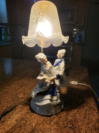 Vintage Porcelain Table Lamp Couple Courting Shade Victorian Delft Blue