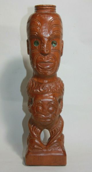 Vtg Maori Tekoteko Wood Carved Tiki Statue Paua Eye Rotorua Zealand Figure