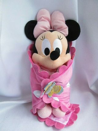 Disney Parks Babies Minnie Mouse Plush W Doubleside Blanket Hearts Polkadots 15 "