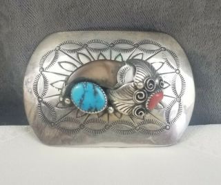 Vintage Native American Sterling Silver Belt Buckle With Turquoise And Coral