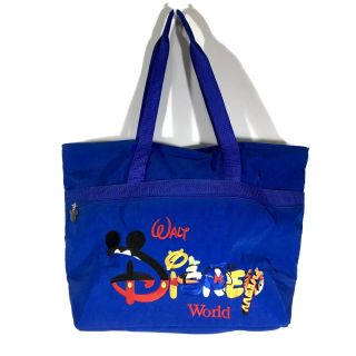 Walt Disney World Embroidered Nylon Tote Bag Zip Top Blue Mickey Donald Goofy