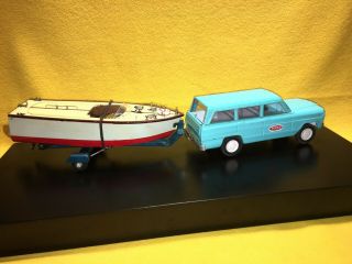 Tonka Jeep Tonka Trailer,  Vtg Toy Motor Boat Wooden.  Loppen U Motor Japan Pond.