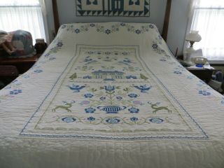 Vintage Hand Made Quilt With Cross Stitch Twin 62 X 90