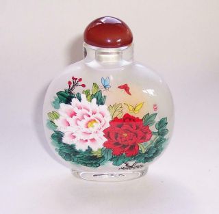 Vintage Inside Reverse Painted Chinese Glass Snuff Bottle Flowers & Butterflies