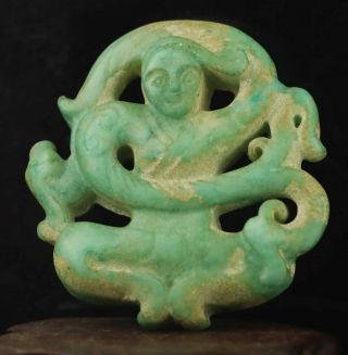 Chinese old natural jade hand - carved statue ancient dancer pendant 2.  1 inch 2