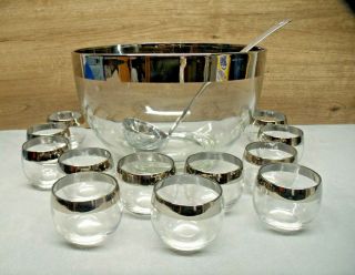 Vintage Dorothy Thorpe 14 Pc Punch Bowl Set W/ Matching Roly Poly Cups/ladle