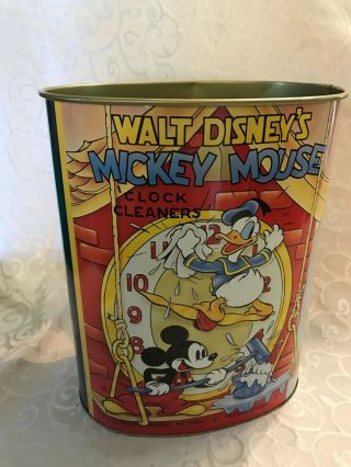 Walt Disney 1996 Mickey Mouse Clock Cleaners Tin Litho Trash Can