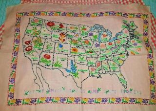 Vintage Usa Map State Flower Embroidery Embroidered Sampler Pink 16 X 22