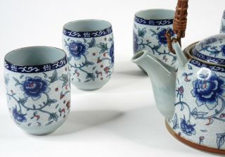 Vintage Blue Floral Tea Set Teapot,  6 Tea Cups