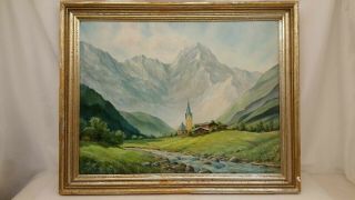 Vintage Mountain Landscape Oil Painting Church Framed Signed P Lubitz 1950 18x23