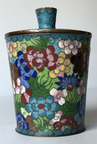 Antique Chinese Cloisonné Round Trinket Box With Lid 3” X 2 3/4” X 2 1/4”