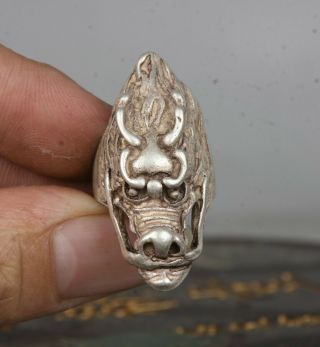 4.  3cm Old Chinese Miao Silver Dragon Head Beast Jewellery Hand Ring