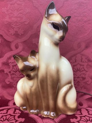 Vtg.  Art Pottery Tv Table Lamp By Kron Siamese Cat Hollow Eyes Kitten