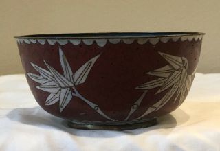Antique Chinese Cloisonné Bowl Rust Colored With White Bamboo 2 1/4” X 4 1/2”