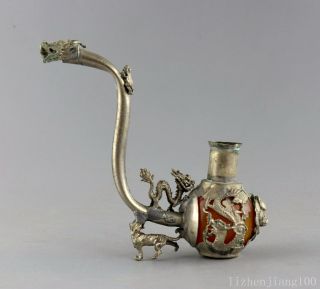 Collect Old Tibet Silver Inlay Agate Carve Dragon & Tiger & Phenix Precious Pipe