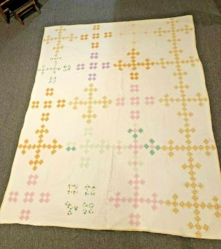 Lovely Vintage Nine Patch Hand - Sewn Quilt Golds Multi 85 " X 66 "