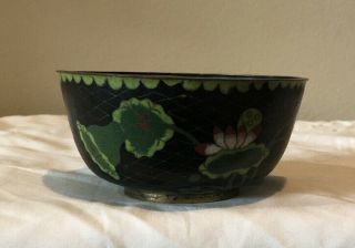Antique Chinese Cloisonné Bowl Black With Green & Pastel Flowers 2 1/4”x 4 1/2”