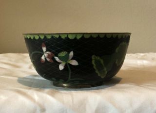 Antique Chinese Cloisonné Bowl Black With Green & Pastel Flowers 2 1/4”x 4 1/2” 2