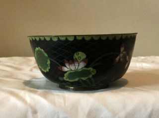 Antique Chinese Cloisonné Bowl Black With Green & Pastel Flowers 2 1/4”x 4 1/2” 3