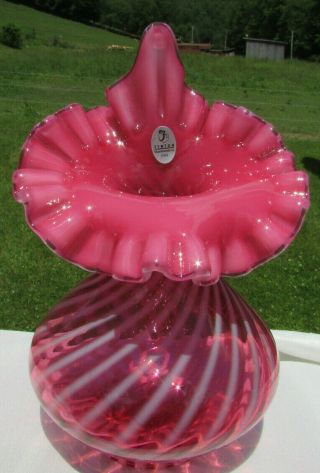 Fenton Vintage Cranberry Opalescent Swirl Jack In The Pulpit/tulip/jip Vase 9 " H