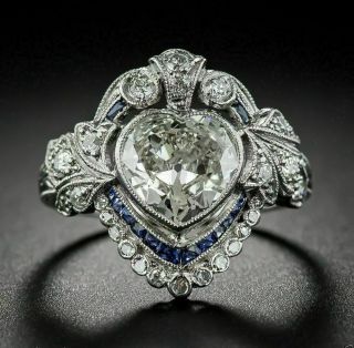Art Deco 4 Ct Heart Cut Diamond Vintage Engagement Ring 14k White Gold Finish